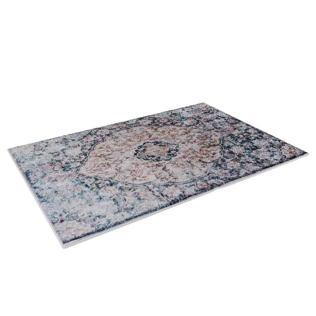 Ariza 120x170cm Small Persian Silky Indoor Floor Rug with vintage-style, distressed floral motifs, central medallion, and soft tones. Ideal for high-traffic areas, offering a luxurious, low-maintenance touch.