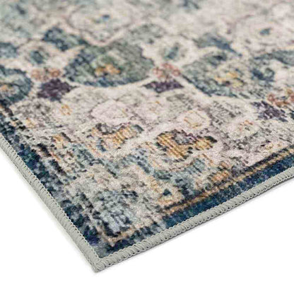 Close-up of Ariza 120x170cm Small Persian Silky Indoor Floor Rug, showcasing its stitched edge and vintage-style geometric pattern in muted tones, highlighting its soft, low-maintenance qualities.