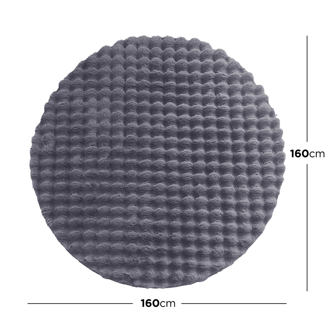 Armida Grey Round Faux Fur Bubble Rug 160cm features a plush, dark gray, round design with a subtle waffle texture, enhancing its luxurious appearance against a white background, highlighting its 160 cm diameter.