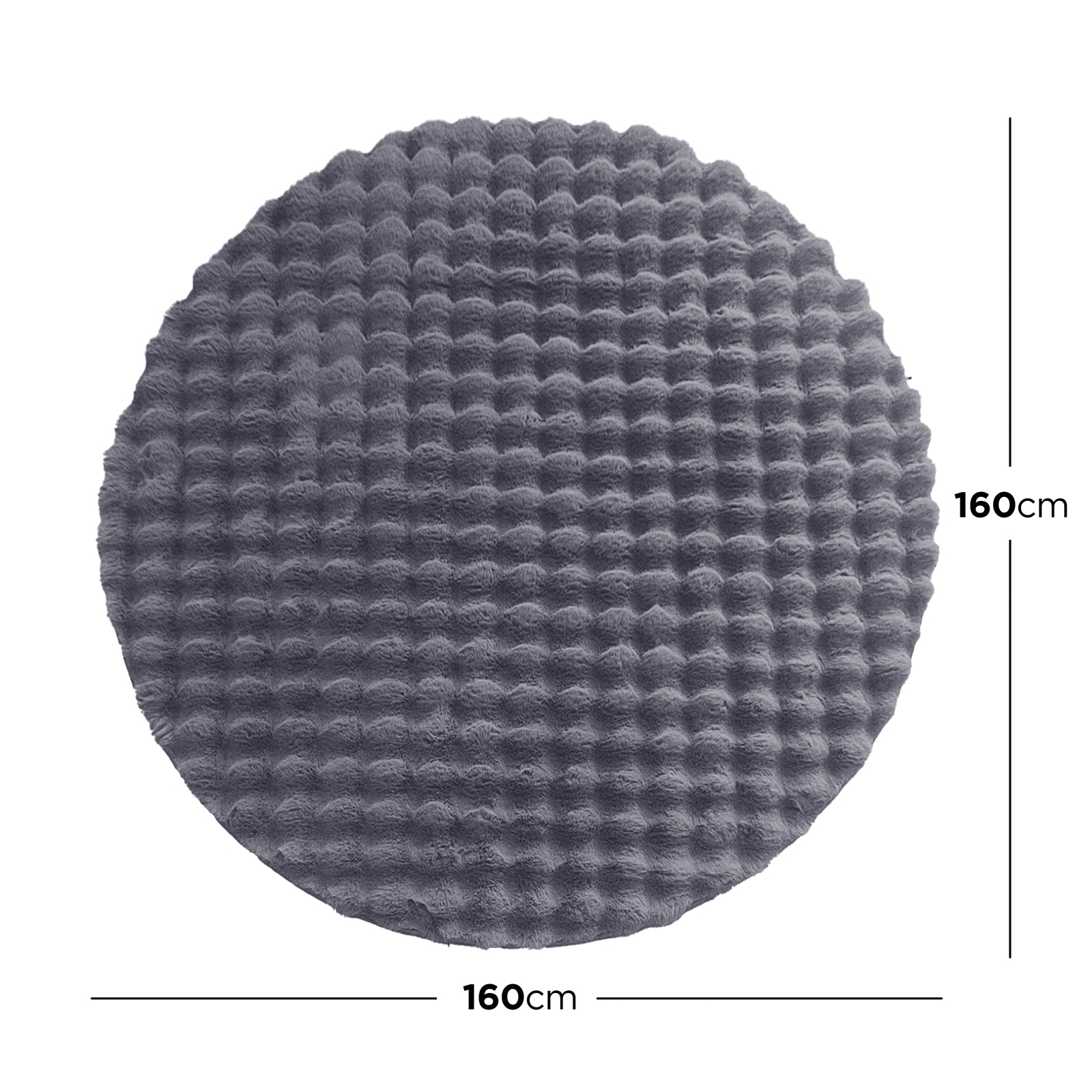 Armida Grey Round Faux Fur Bubble Rug 160cm features a plush, dark gray, round design with a subtle waffle texture, enhancing its luxurious appearance against a white background, highlighting its 160 cm diameter.