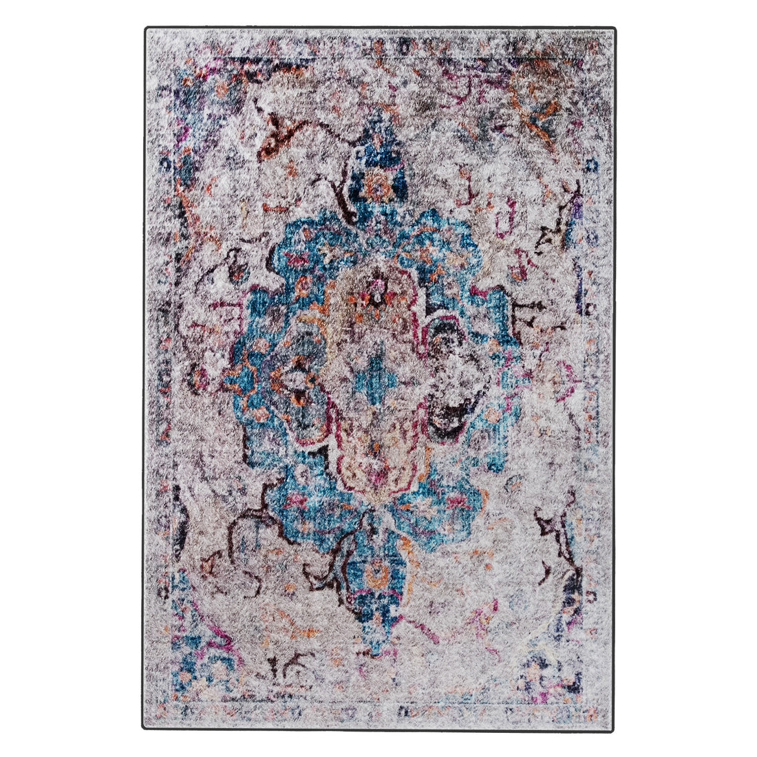 Arwani 160x230cm Medium Traditional Persian Indoor Rug showcases a distressed-vintage medallion pattern with a light gray/ivory base and muted turquoise, teal, dusty rose, gold, and charcoal accents.