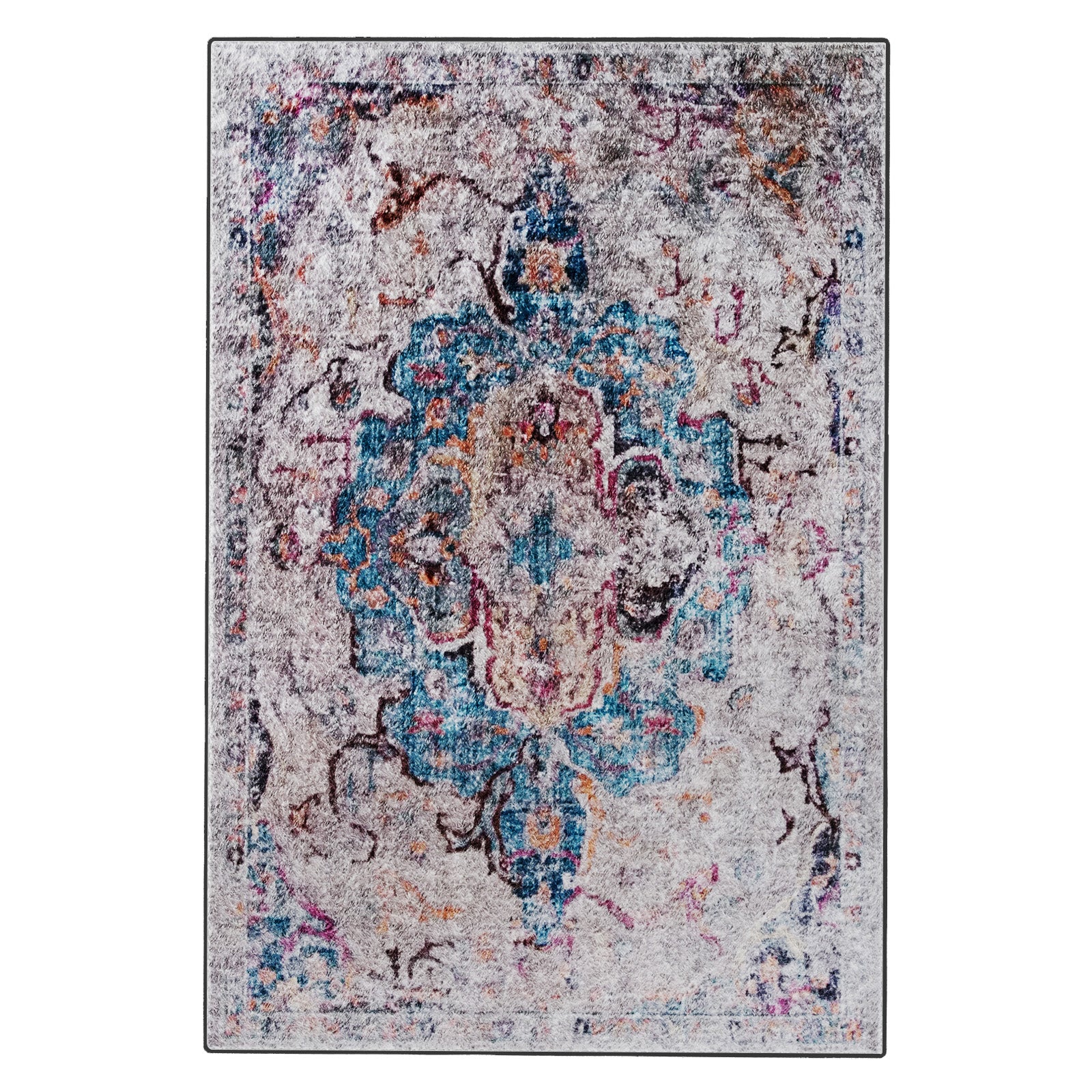 Arwani 160x230cm Medium Traditional Persian Indoor Rug showcases a distressed-vintage medallion pattern with a light gray/ivory base and muted turquoise, teal, dusty rose, gold, and charcoal accents.