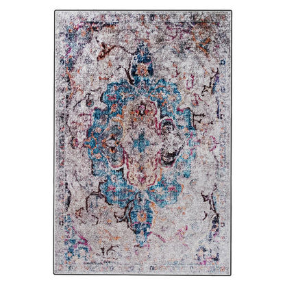 Arwani 160x230cm Medium Traditional Persian Indoor Rug showcases a distressed-vintage medallion pattern with a light gray/ivory base and muted turquoise, teal, dusty rose, gold, and charcoal accents.