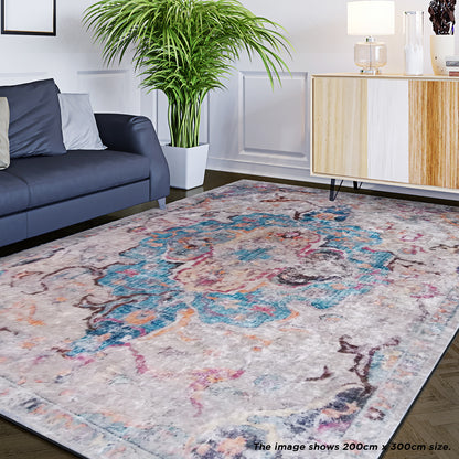 Arwani 200x300 cm rug with a soft, vintage-inspired pattern of muted pastels and distressed Persian design, enhancing a styled living room corner with a dark parquet floor and modern decor.
