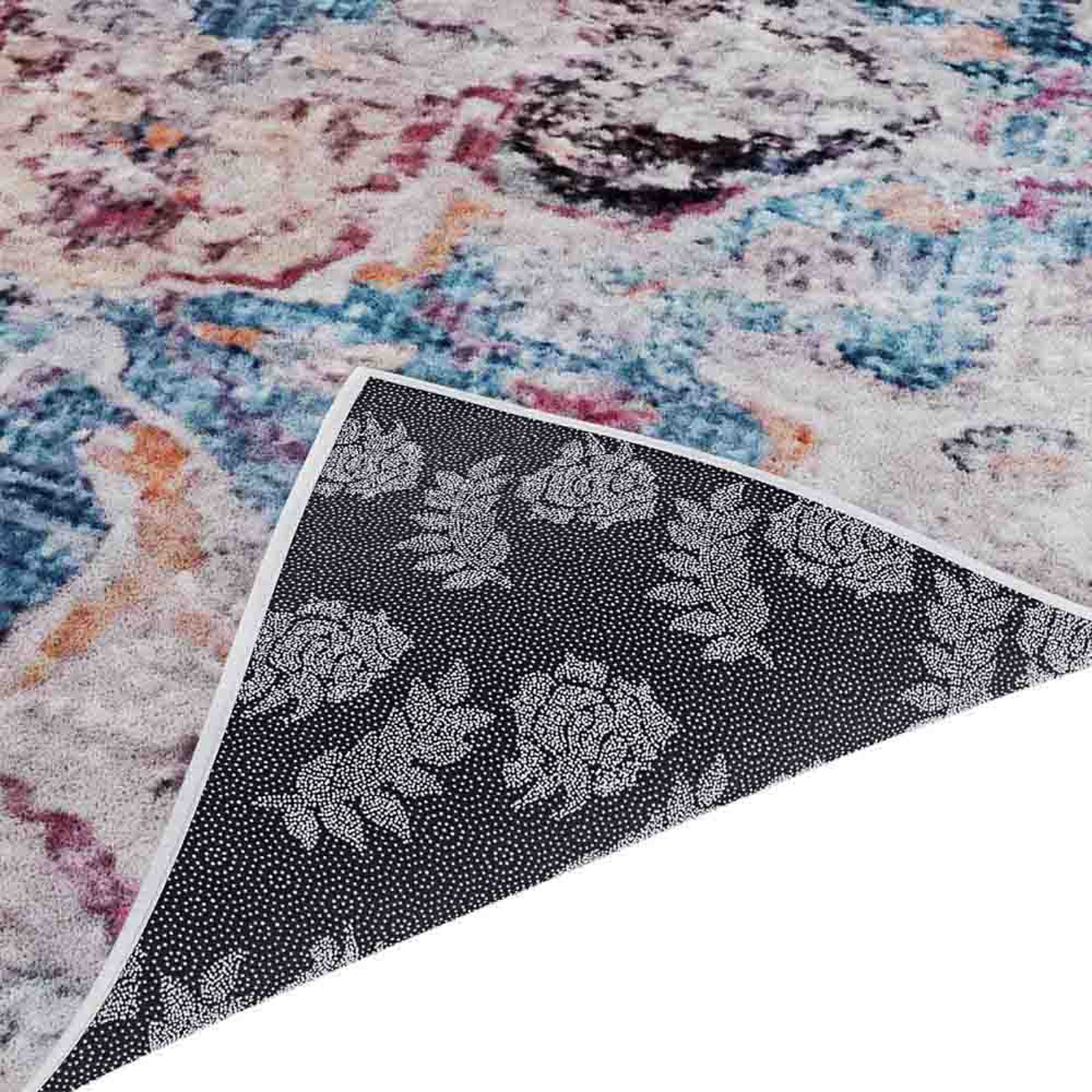 Arwani 160x230cm Medium Traditional Persian Indoor Rug with a distressed multicolor pattern, shown with a flipped corner revealing black non-slip backing with dotted floral motif.