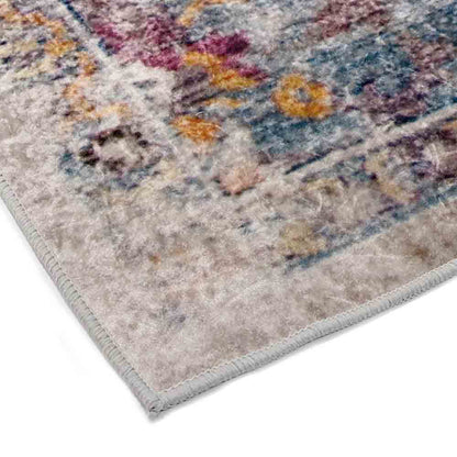 Close-up of the Arwani 160x230cm Medium Traditional Persian Indoor Rug, showcasing its distressed vintage pattern with overlapping floral and geometric motifs in muted tones, and a neatly serged light gray edge.