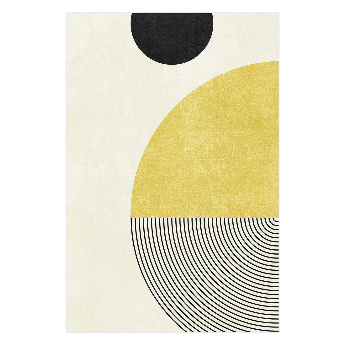 Axland Modern Abstract Rug 120x180cm features a geometric design with a black semicircle and a larger semicircle in mustard-yellow and black arcs, embodying a mid-century modern aesthetic.