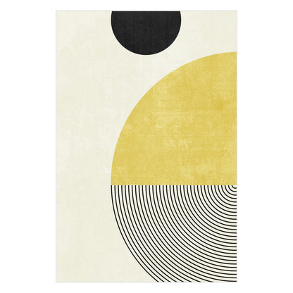 Axland Modern Abstract Rug 120x180cm features a geometric design with a black semicircle and a larger semicircle in mustard-yellow and black arcs, embodying a mid-century modern aesthetic.
