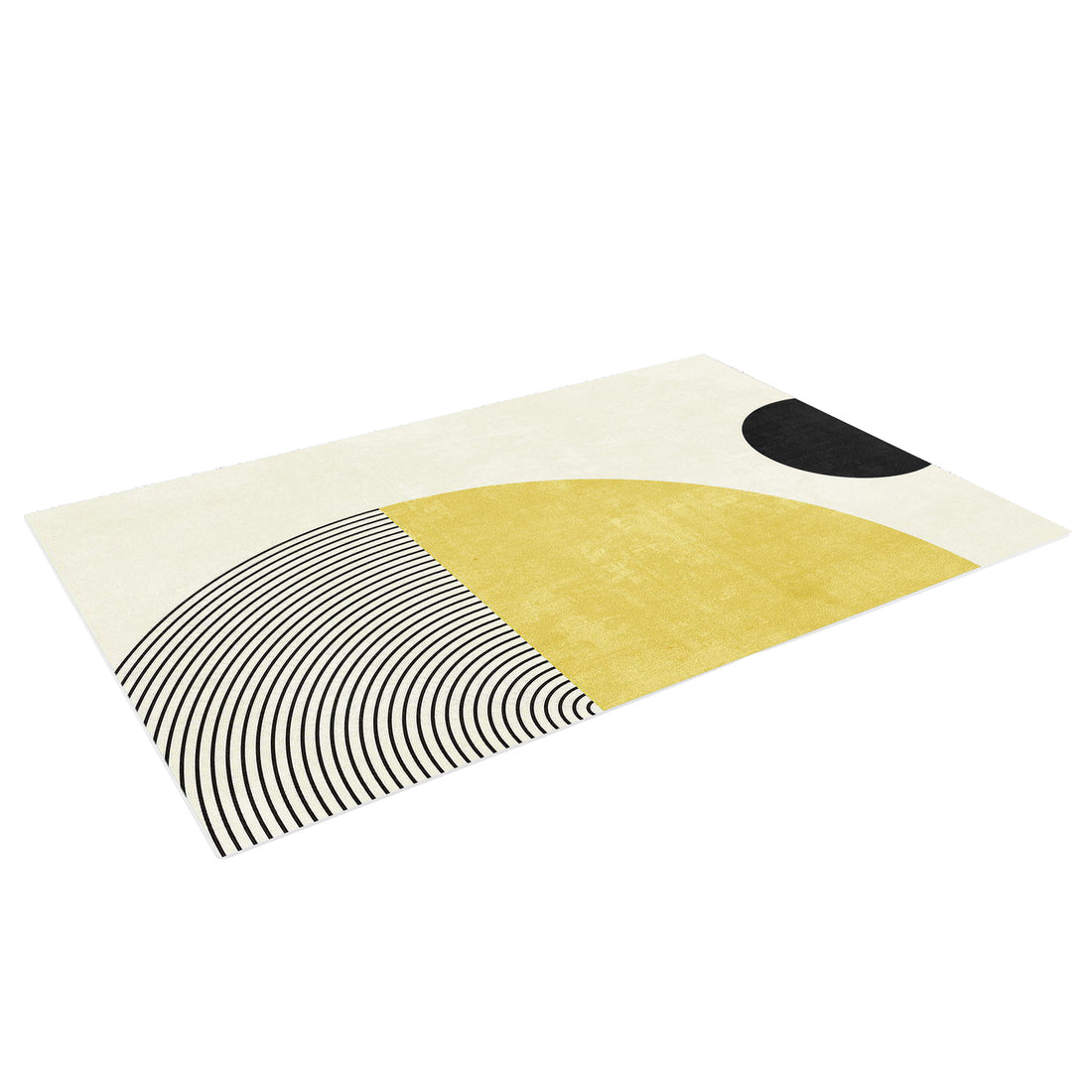 Axland Modern Abstract Rug 120x180cm features a geometric design with mustard-yellow and black semicircles against an off-white background, creating a contemporary look.