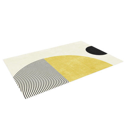 Axland Modern Abstract Rug 120x180cm features a geometric design with mustard-yellow and black semicircles against an off-white background, creating a contemporary look.