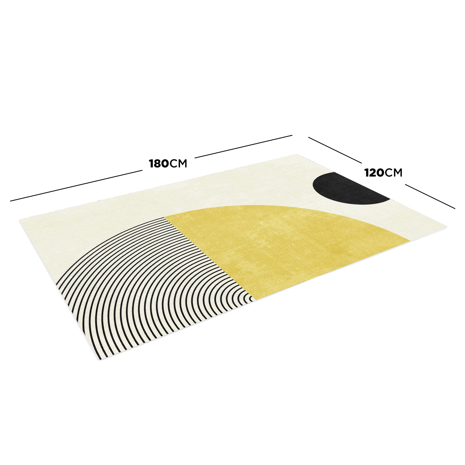 Axland Modern Abstract Rug 120x180cm featuring an off-white base with black concentric semi-circles, a central yellow semi-circle, and a small black circle in the corner.
