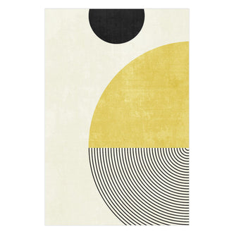 Axland Modern Abstract Rug 160x230cm features a minimalist design with black and mustard-yellow geometric shapes, including semicircles and arcs, creating a striking yet versatile decorative focal point.