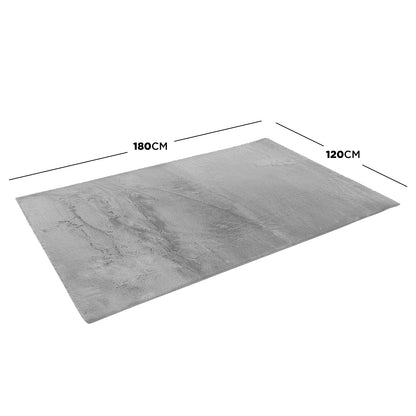 Azaliya 120x180cm Faux Rabbit Fur Floor Rug in Silver, showing a plush, light gray shag texture with superimposed measurement lines indicating dimensions of 180 cm by 120 cm.