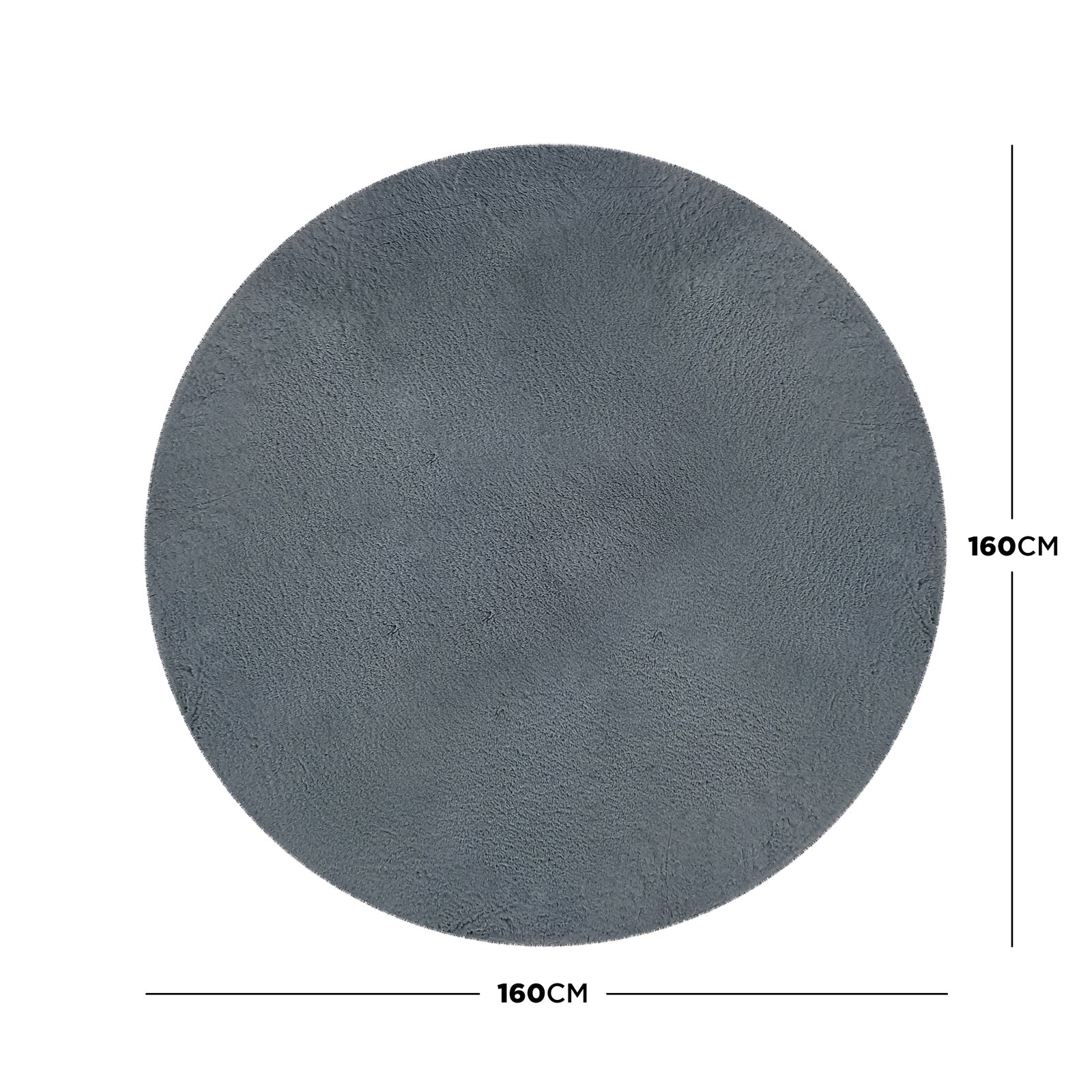 Azaliya Dark Grey Round Faux Rabbit Fur Rug 160cm, showcasing a simple, plush design in solid charcoal grey, laid flat with visible ruler markings indicating its 160 cm diameter, emphasizing its minimalist elegance.
