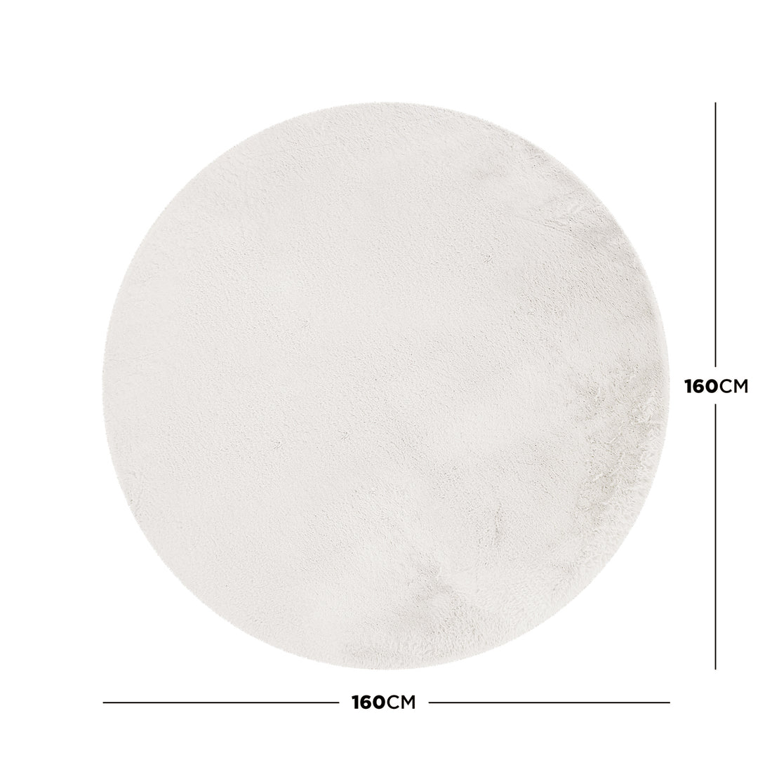 Azaliya Cream White Faux Rabbit Fur Rug 160x160cm displayed on a plain background, showcasing its round, plush, shaggy texture with precise diameter measurement indicators on two sides.