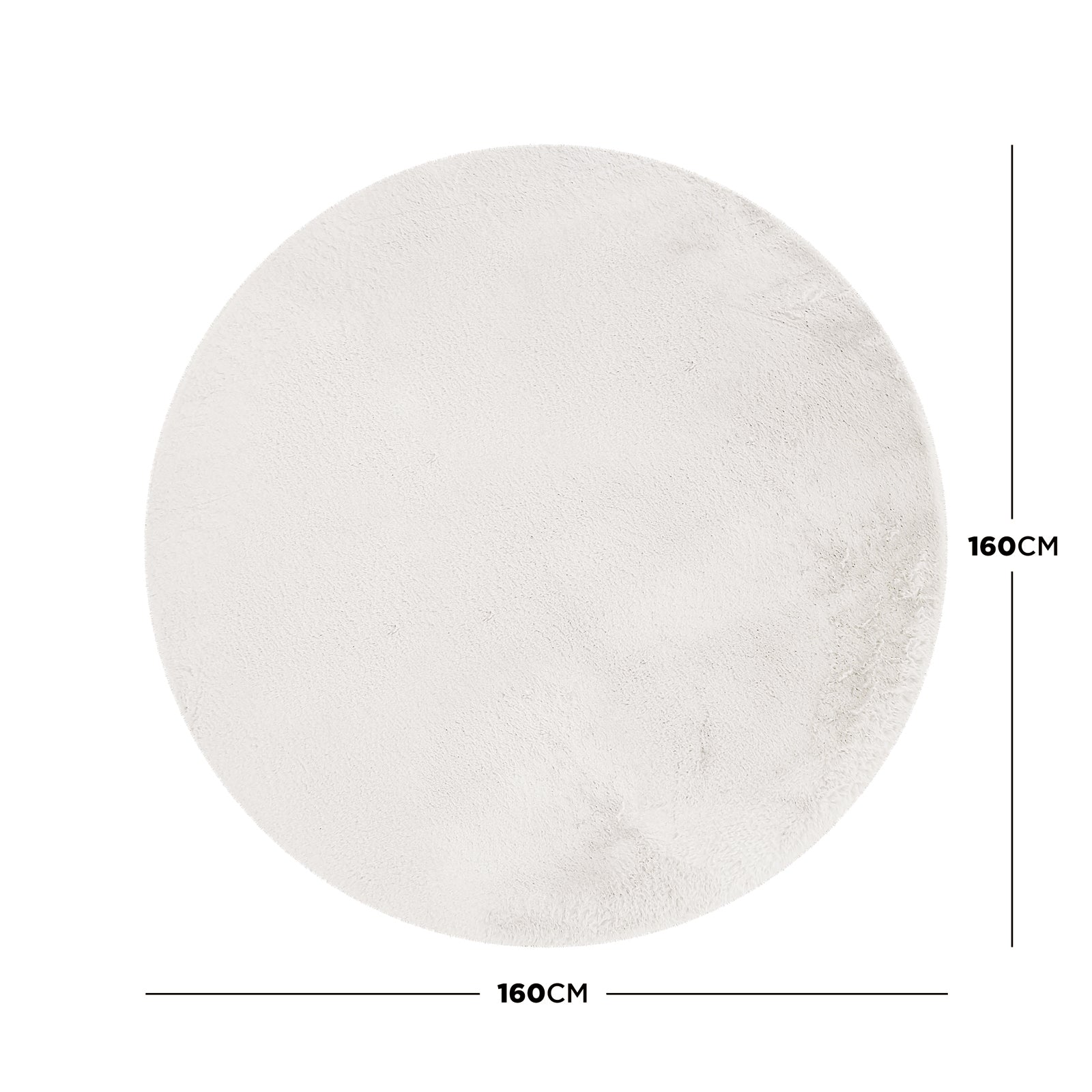 Azaliya Cream White Faux Rabbit Fur Rug 160x160cm displayed on a plain background, showcasing its round, plush, shaggy texture with precise diameter measurement indicators on two sides.