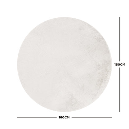 Azaliya Cream White Faux Rabbit Fur Rug 160x160cm displayed on a plain background, showcasing its round, plush, shaggy texture with precise diameter measurement indicators on two sides.