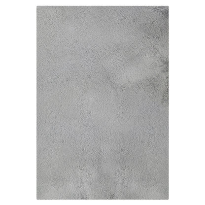 Azaliya 160x230cm Faux Rabbit Fur Floor Rug in Silver, showcasing a soft, short-pile texture in a light-grey rectangular field, resembling a close-up of a plush rug surface.