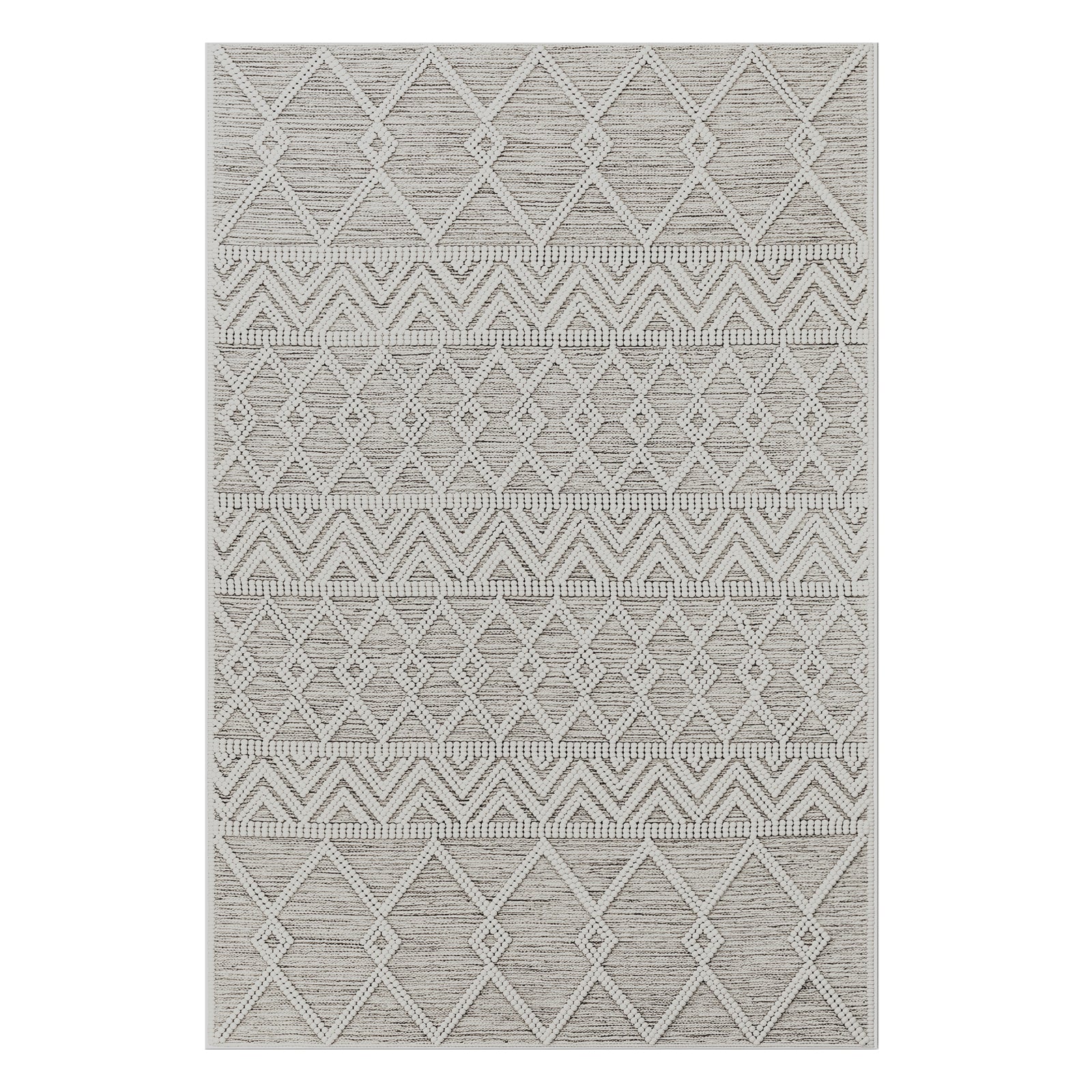 Benita Modern Abstract Tufted Rug 120x180cm features a geometric design with diamond-lattice motifs and chevron stripes, offering a textured, tribal-inspired look in a cream and gray/taupe palette.