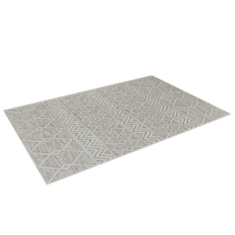 Benita 160x230cm Medium Soft Modern Printed Indoor Floor Rug, featuring an off-white geometric pattern with diamonds and zig-zags, flat-weave style emphasizing contemporary abstract design.