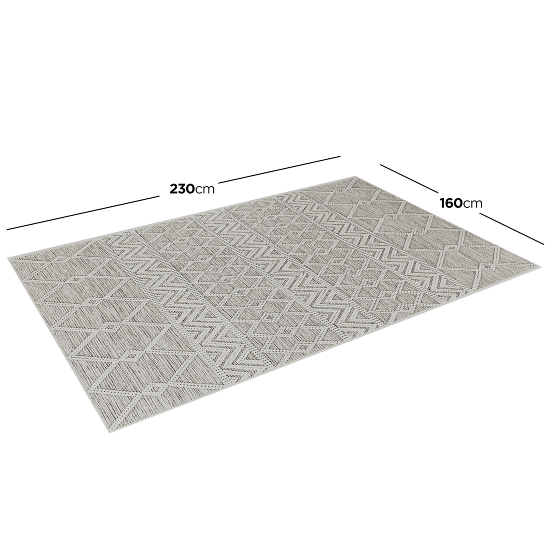Benita 160x230cm Medium Soft Modern Printed Indoor Floor Rug with geometric patterns, displayed flat. Subtle beige/off-white tones. Dimensions overlay shows 230 cm by 160 cm.