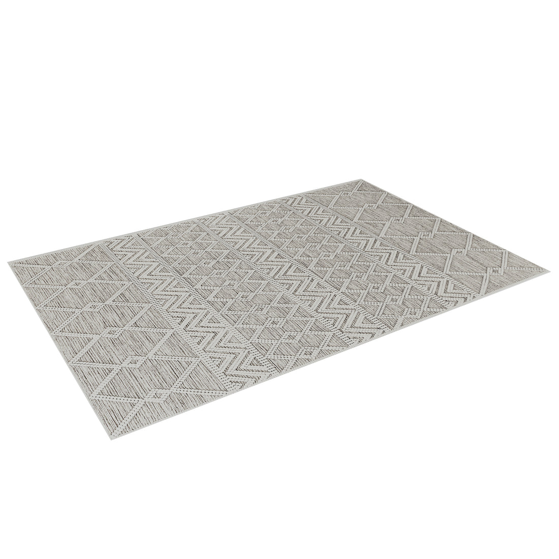 Benita 200x300cm Large Soft Modern Printed Indoor Floor Rug features neutral tones with geometric patterns, including diamonds and zig-zags, creating a contemporary and inviting look.