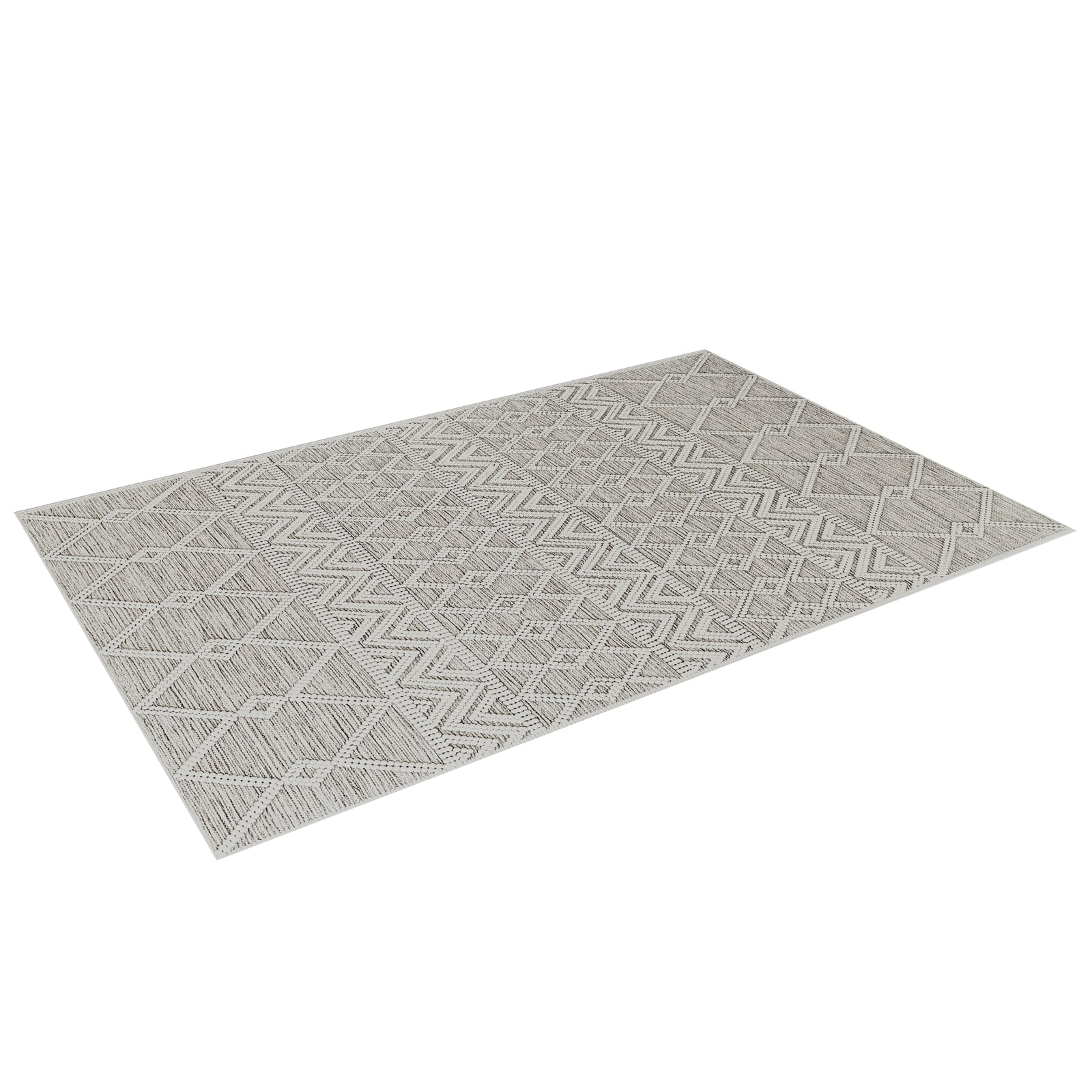 Benita 200x300cm Large Soft Modern Printed Indoor Floor Rug features neutral tones with geometric patterns, including diamonds and zig-zags, creating a contemporary and inviting look.