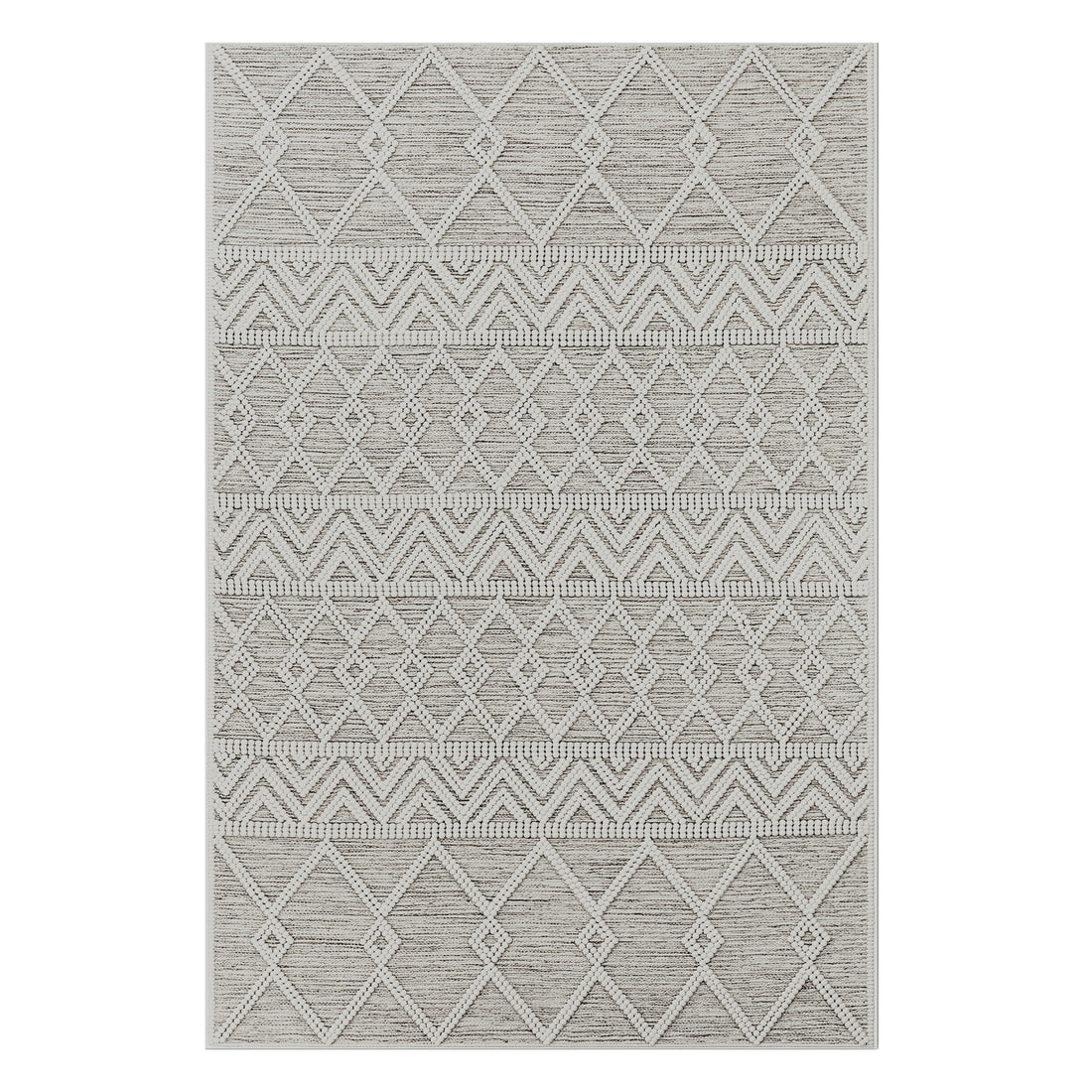 Benita 200x300cm Large Soft Modern Printed Indoor Floor Rug features a beige and off-white geometric pattern with diamond grids and chevrons, offering a Moroccan-inspired look and textured surface.