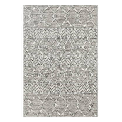 Benita 200x300cm Large Soft Modern Printed Indoor Floor Rug features a beige and off-white geometric pattern with diamond grids and chevrons, offering a Moroccan-inspired look and textured surface.