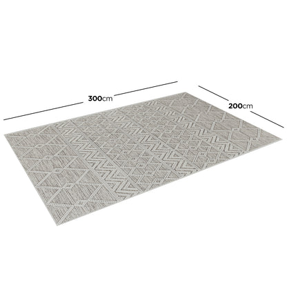Benita 200x300cm Large Soft Modern Printed Indoor Floor Rug featuring a flat-weave design with geometric and tribal patterns of interlocking zig-zags and diamonds, providing a stylish and functional accent.