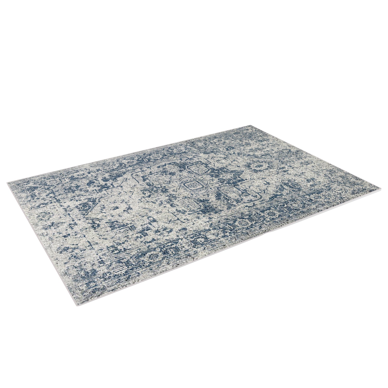 Boda 120x170cm Distressed Persian Silky Indoor Floor Rug with vintage-style Oriental pattern in muted blue on a light field, featuring a smooth, non-slip base for secure placement.