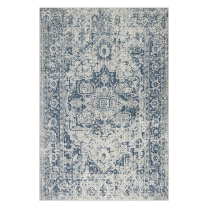 Boda Distressed Persian Silky Rug 160x230cm, featuring a distressed ivory-beige base with a faded denim-blue medallion and floral motif, offering a vintage, textured look suitable for living spaces.