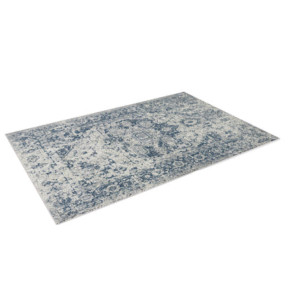 Boda 160x230cm Distressed Persian Silky Indoor Floor Rug featuring a vintage-style blue and off-white design, laid flat showcasing its smooth, textured pattern and non-slip backing on a white background.