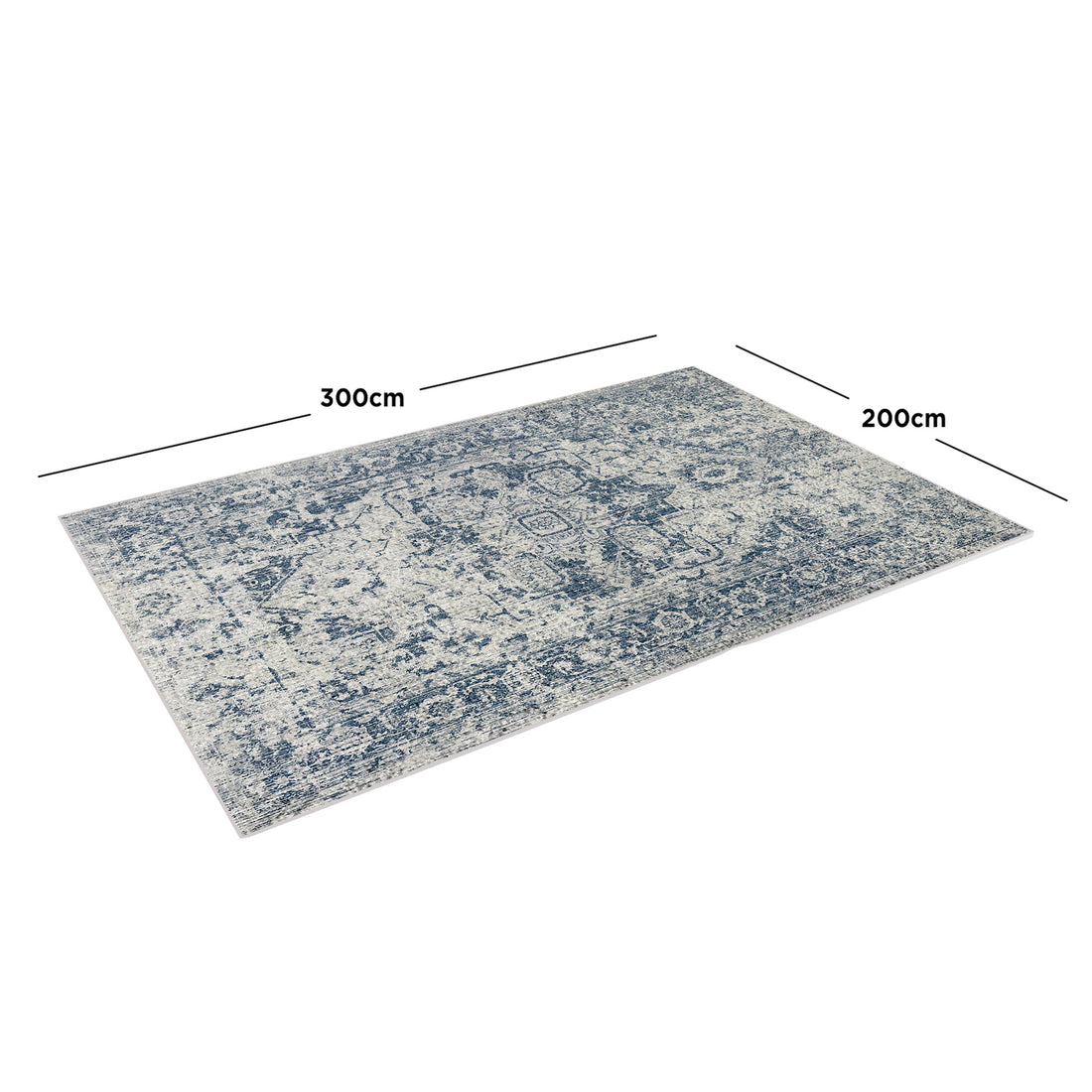 Boda 200x300cm Distressed Persian Silky Indoor Floor Rug, featuring a vintage-style blue and off-white pattern, silky texture, and anti-slip base, ideal for stylish, noise-reducing home decor.