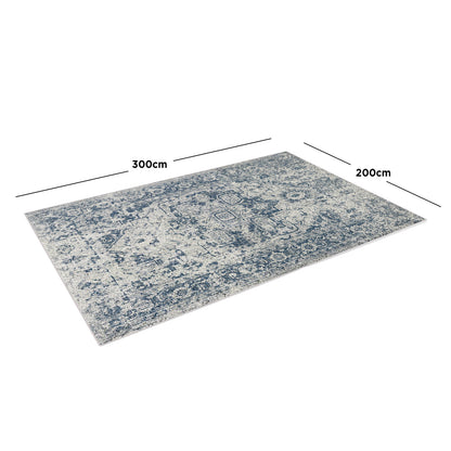 Boda 200x300cm Distressed Persian Silky Indoor Floor Rug, featuring a vintage-style blue and off-white pattern, silky texture, and anti-slip base, ideal for stylish, noise-reducing home decor.