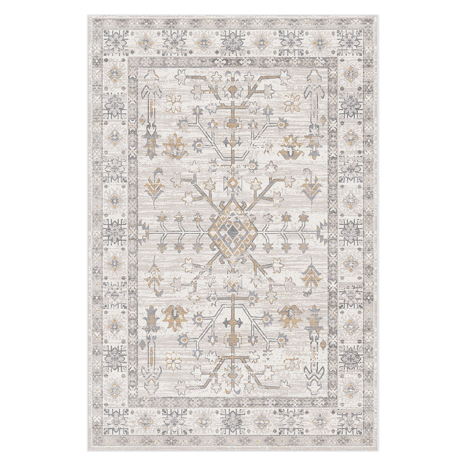 Bortan 200x300cm Large Persian Indoor Floor Rug with a central medallion, surrounded by floral and geometric patterns in soft neutrals and gold, framed by a repeating border.