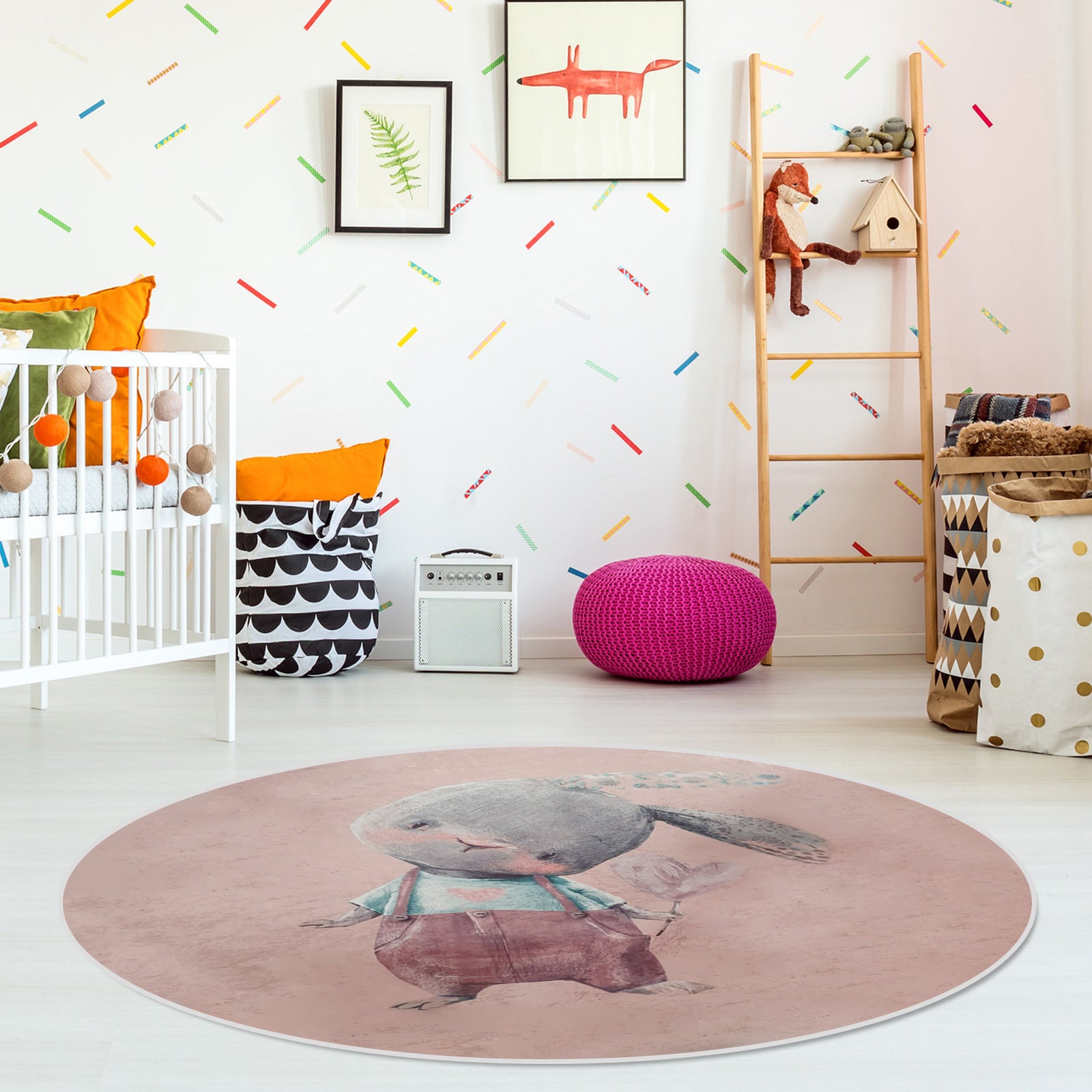Bunny Rabbit Round Kids Rug 160x160cm featuring a retro cartoon bunny design, lying on the floor, with a plush texture and anti-slip backing, ideal for children's rooms or play areas.