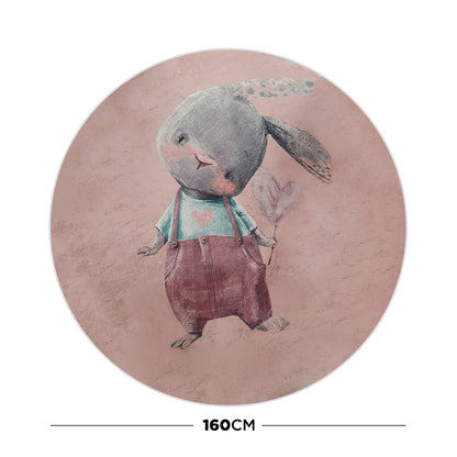Bunny Rabbit Round Kids Rug 160x160cm features a retro cartoon bunny holding a lollipop, ideal for children's play areas, enhancing spaces with its playful design and anti-slip backing.