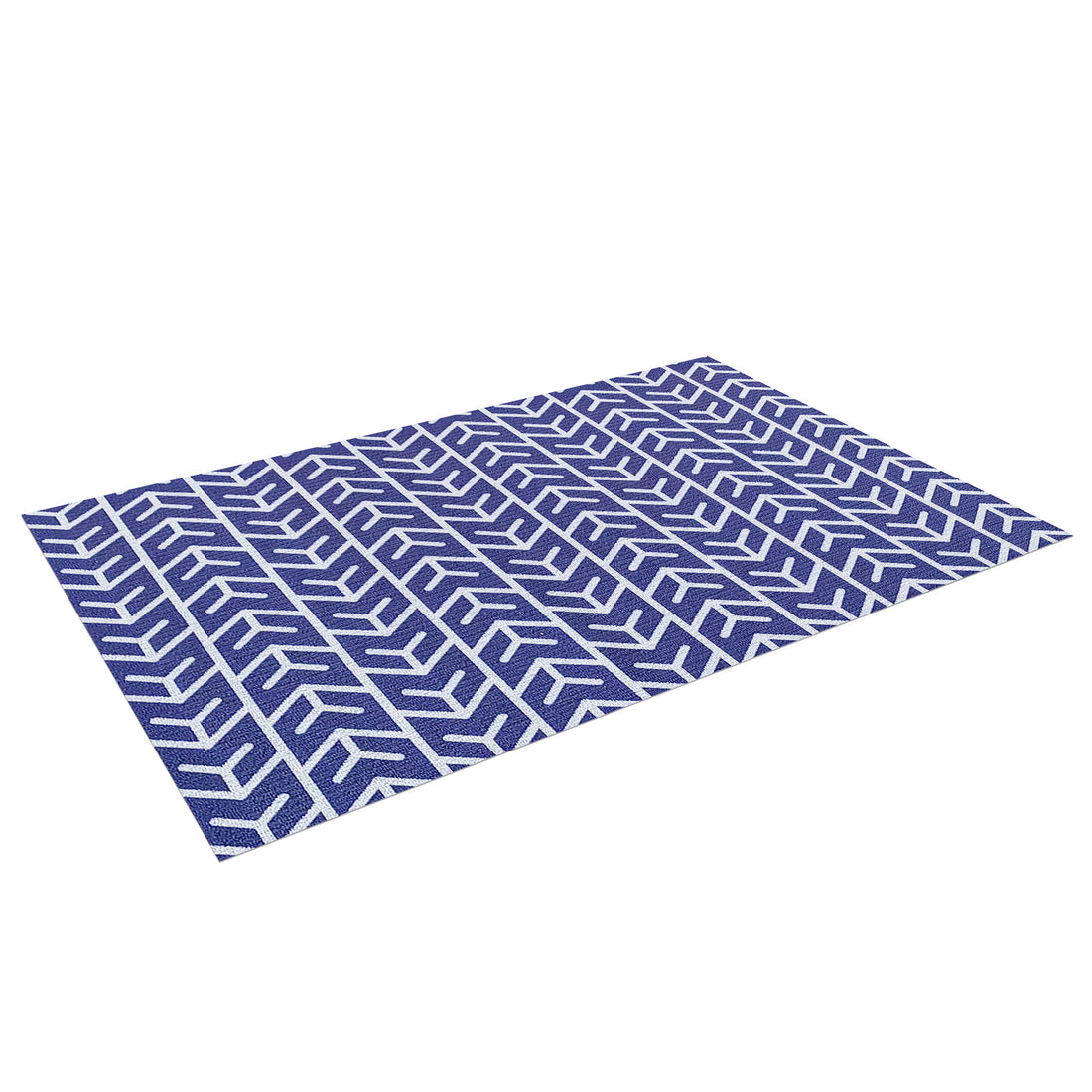 Carey 45x75cm Outdoor Doormat in White & Indigo, showcasing a deep blue base with white chevron-style geometric patterns, designed for both style and functionality in modern and contemporary settings.