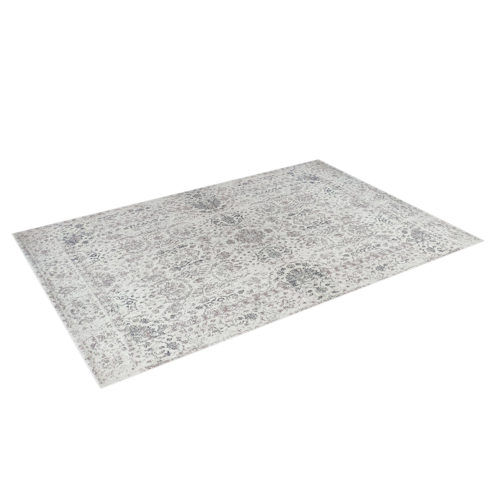 Cesco 120x180cm Small Tufted Persian Floor Rug with a muted, vintage ornamental pattern in off-white, gray, and taupe, displayed flat against a white background, showcasing its intricate tufting and elegance.