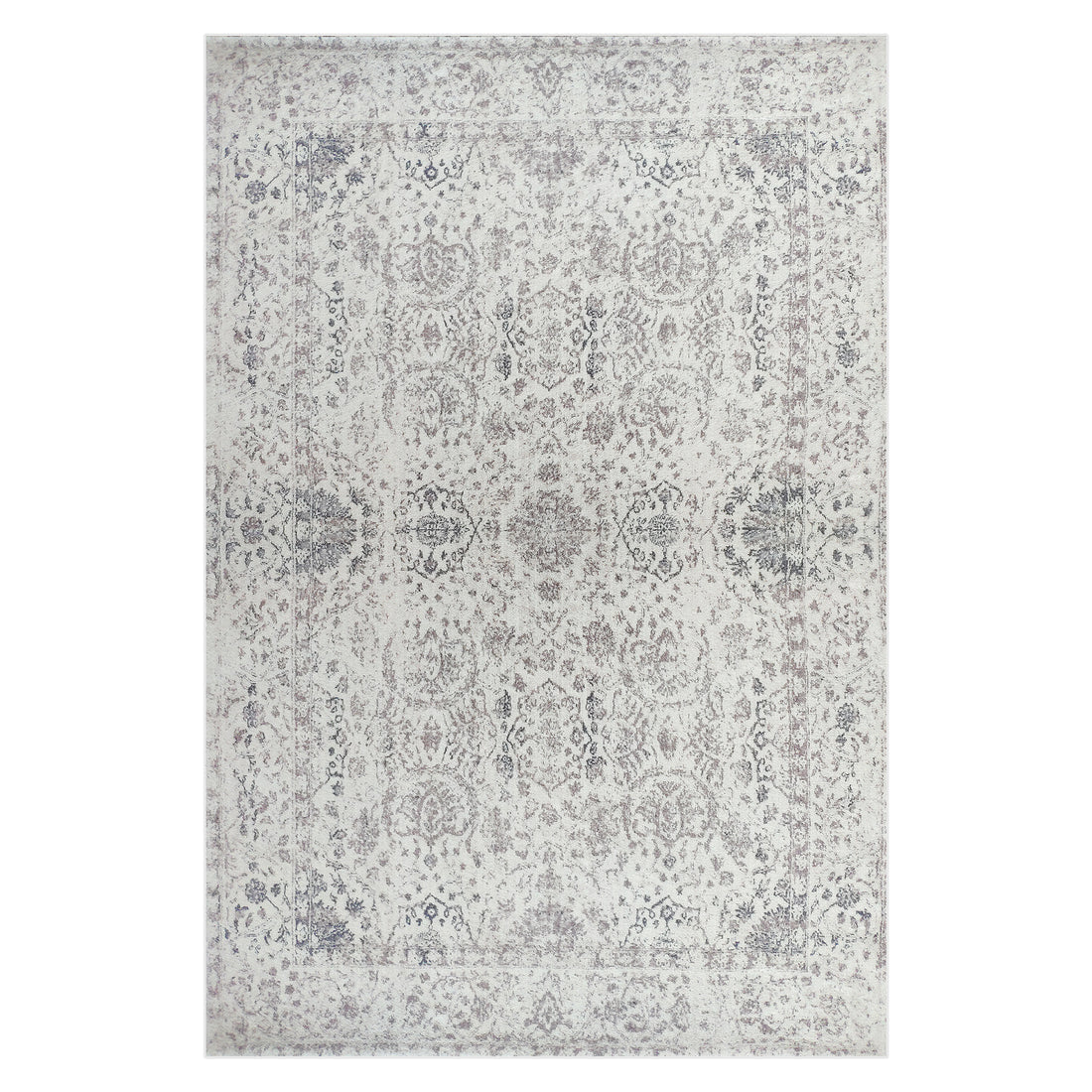 Cesco 200x300cm Polyester Persian Printed Indoor Floor Rug featuring a distressed cream base with faded medallion and floral motifs in grey and taupe, surrounded by a thin, aged border.