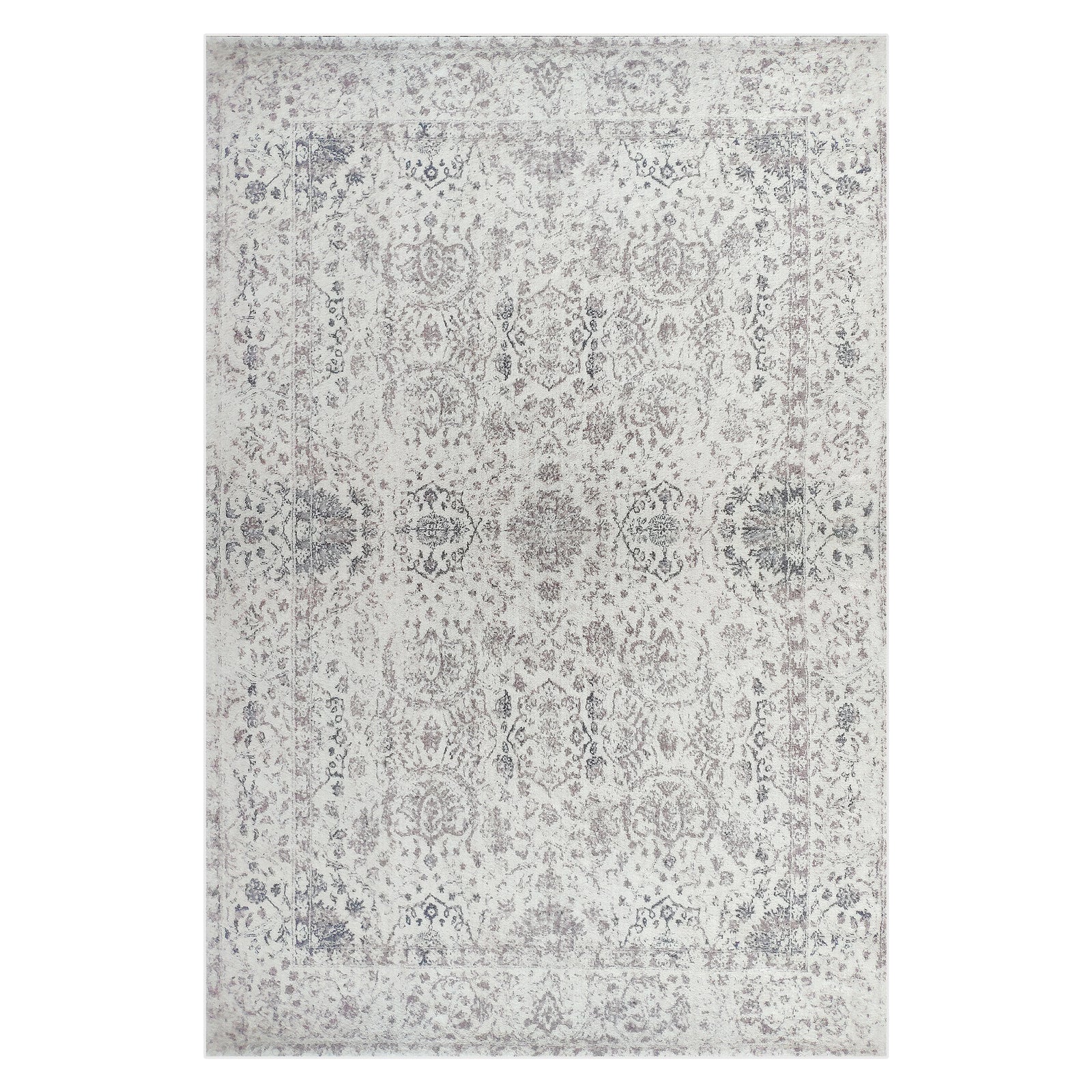 Cesco 200x300cm Polyester Persian Printed Indoor Floor Rug featuring a distressed cream base with faded medallion and floral motifs in grey and taupe, surrounded by a thin, aged border.