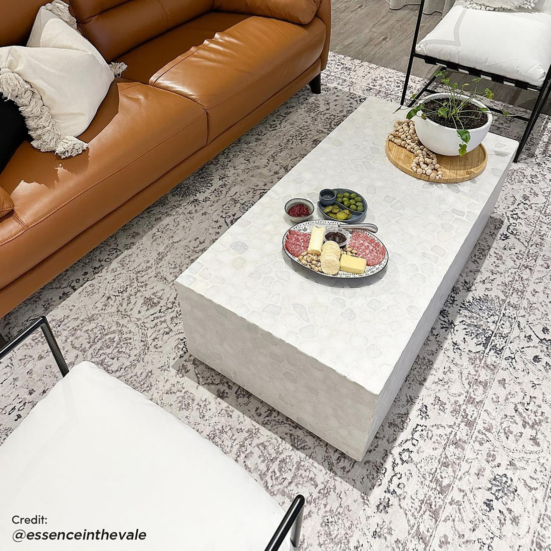 Cesco 200x300cm Polyester Persian Printed Indoor Floor Rug displayed in a modern living room, under a white terrazzo coffee table and tan leather sofa, enhancing the space with its intricate Persian pattern.