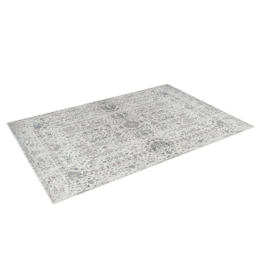 Cesco 200x300cm Polyester Persian Printed Indoor Floor Rug features a light, distressed medallion and floral pattern in muted grays and taupes, with a thin-pile, vintage-style design on a white background.