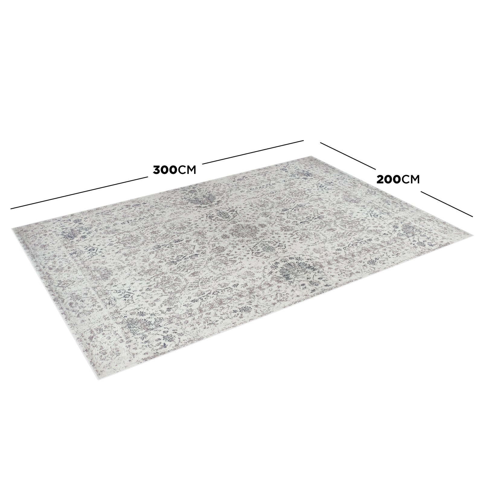 Cesco 200x300cm Polyester Persian Printed Indoor Floor Rug, featuring a large, flat-laid design with a subtle, distressed pattern in muted tones, displayed on a plain white background with labeled dimensions.