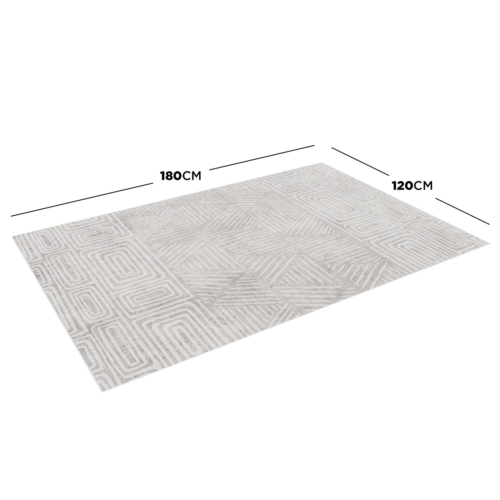 Duved 120x180cm Small Contemporary Indoor Floor Rug, featuring a light-colored background with an abstract white and gray geometric line pattern, laid flat with visible dimension lines.