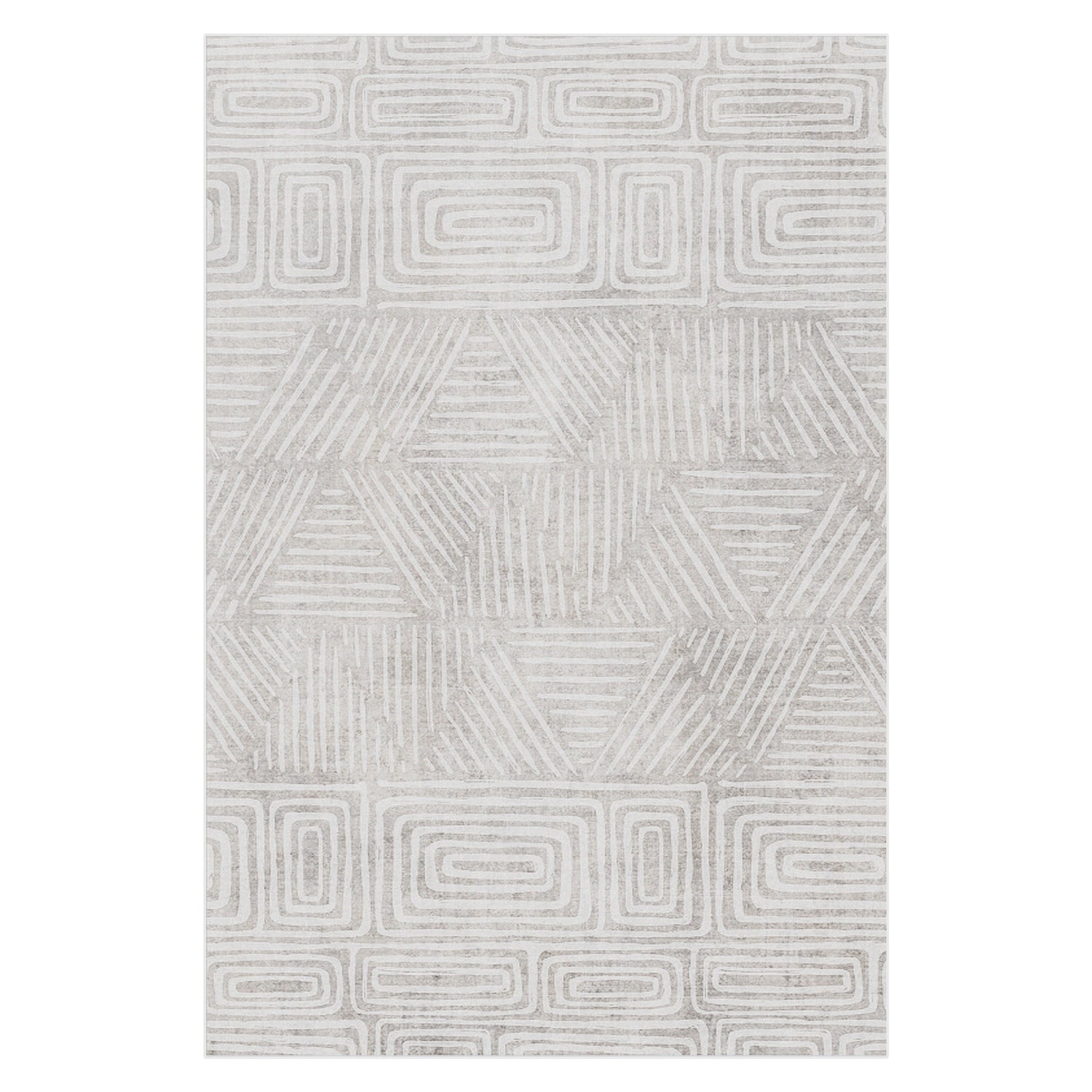 Duved 200x300cm Large Contemporary Indoor Floor Rug features a light-beige background with white linear motifs, including concentric rectangles and zig-zag stripes, creating a modern geometric design.