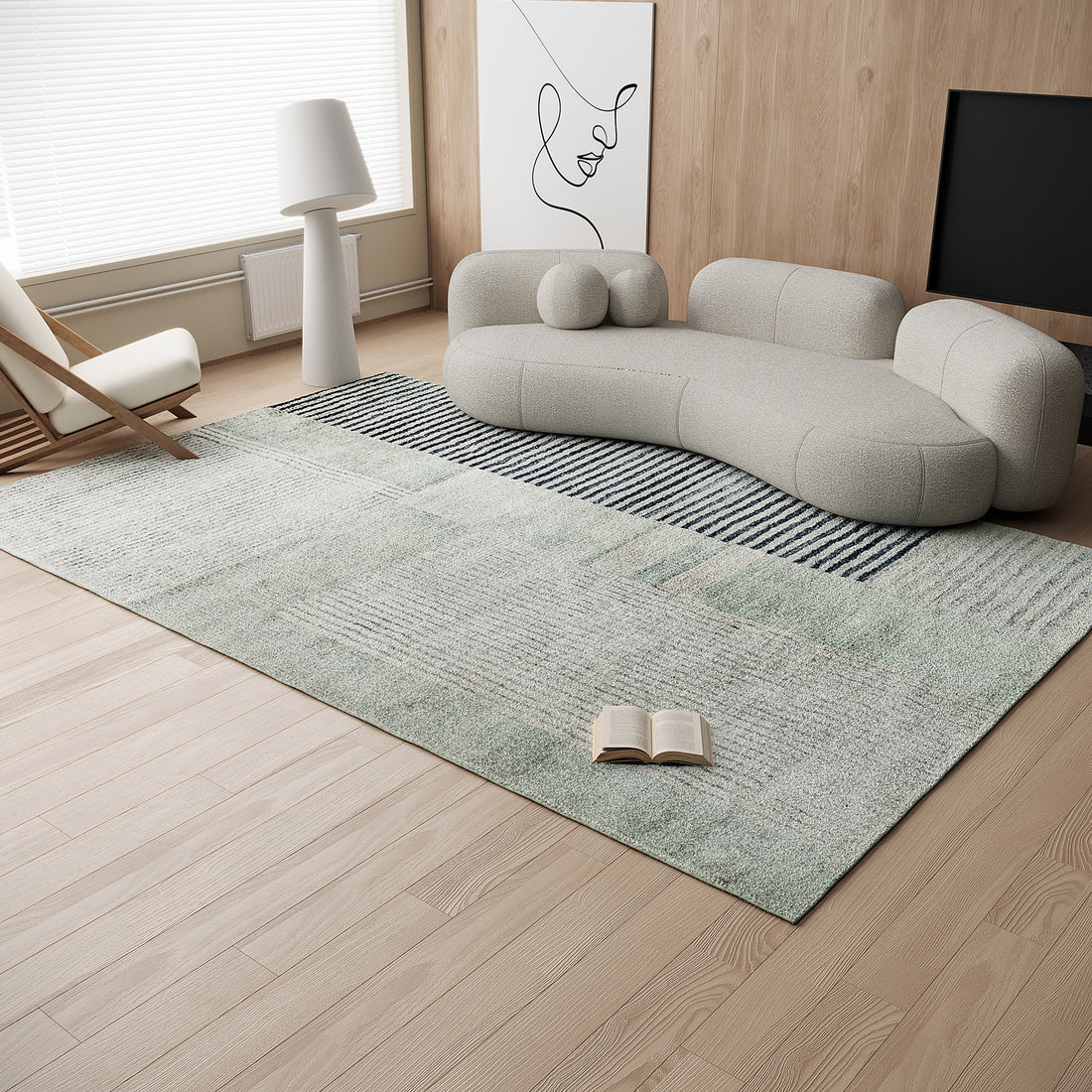 Elimas Soft Contemporary Printed Rug 120x180cm displayed on a carpet showcases its modern design and soft texture, complemented by a nearby book and lamp, enhancing any interior setting.