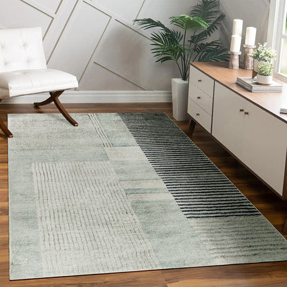 Elimas Soft Contemporary Printed Rug 160x230cm showcased with a white chair and plant, highlighting its soft texture and modern design, ideal for enhancing comfort and style in home interiors.