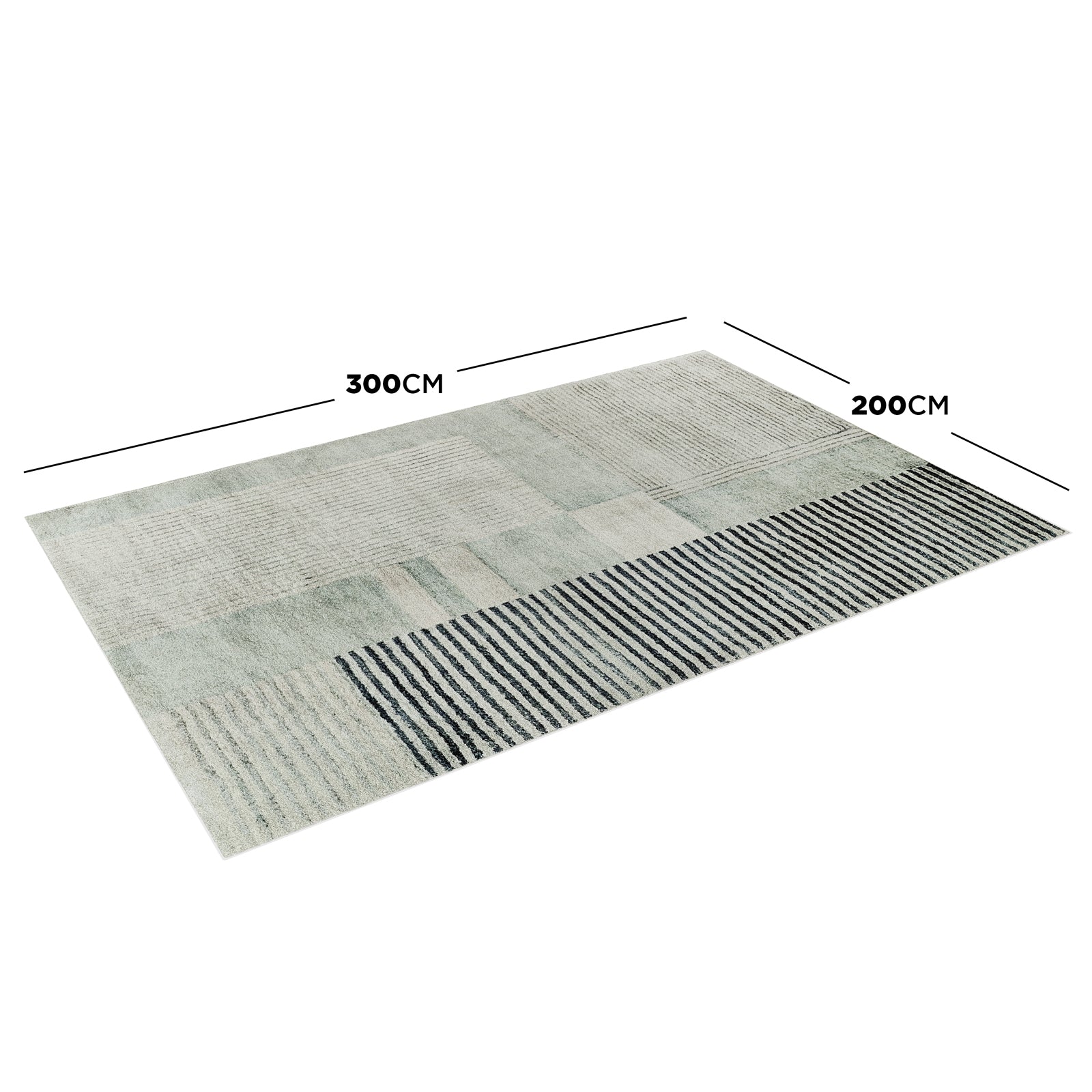 Elimas 200x300cm Soft Contemporary Printed Floor Rug with a muted two-tone design, featuring pale greenish-beige and charcoal stripes, lies flat, showcasing dimension lines of 300 cm by 200 cm.